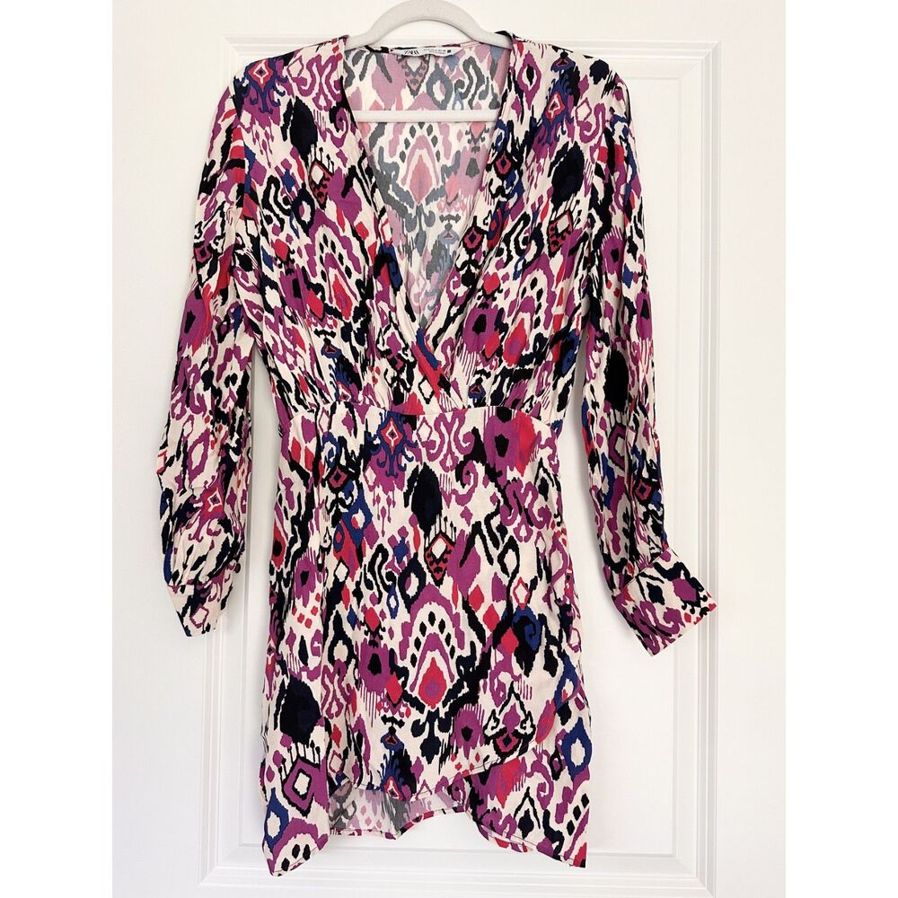 Zara Women Dress Size Small Abstract Ikat Print Wrap Mini Long Sleeve Side Zip